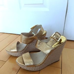 Michael Kors Gold Leather Wedge Sandals